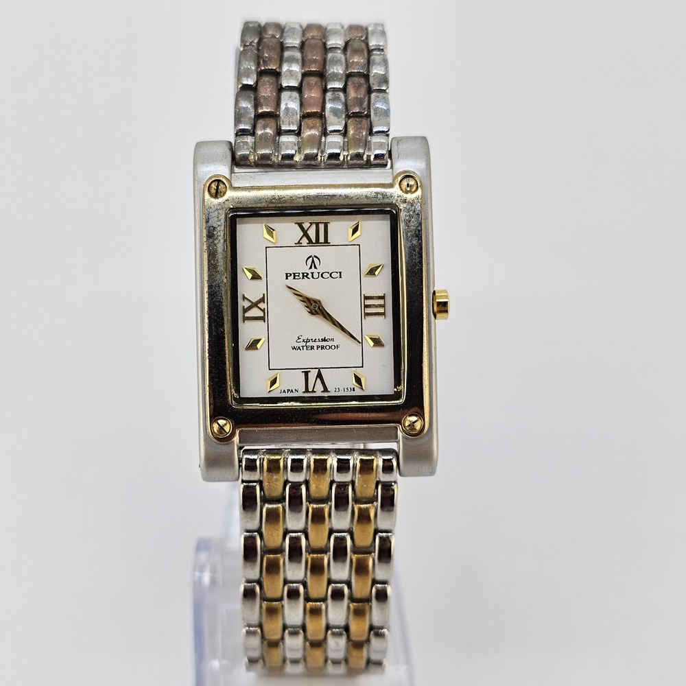 VTG Perucci Men Tank Analog Watch 27MM White Dial Two Tone Band 7.75" NewBattery